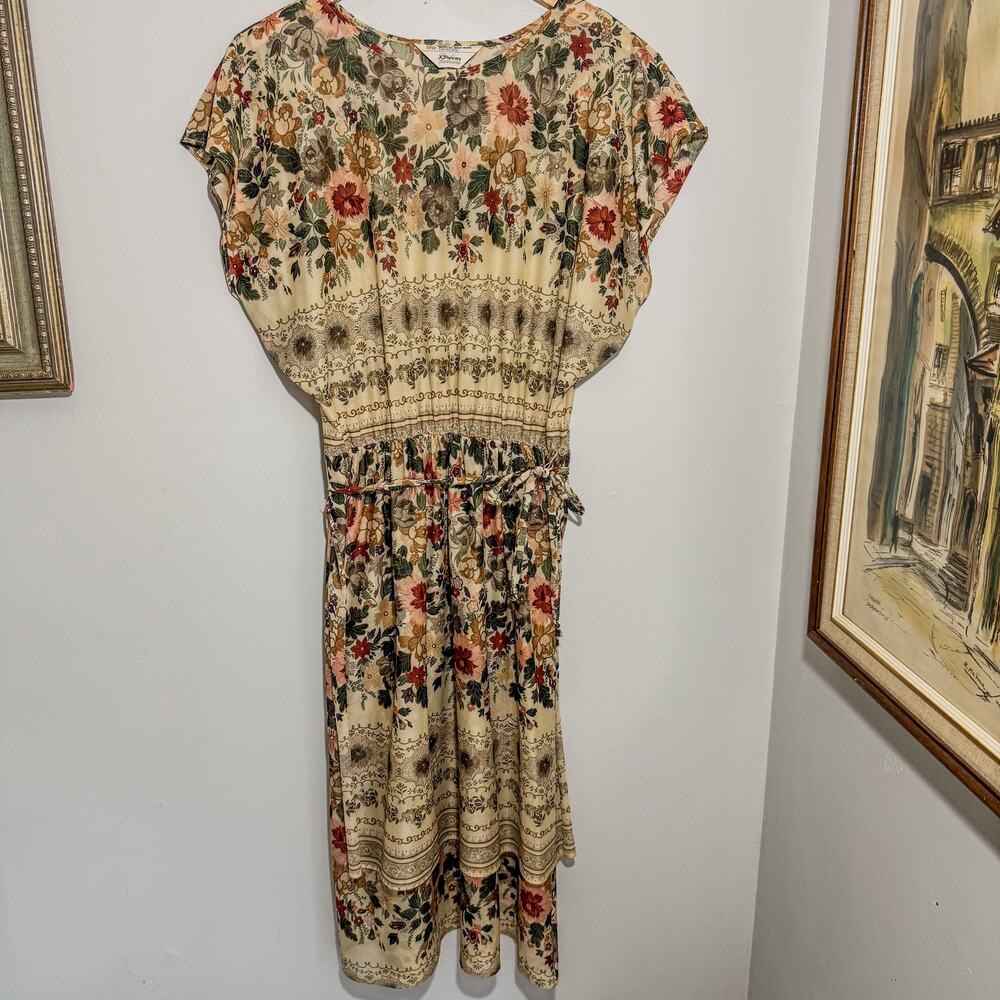 Vintage 80s JC Penney Fashions Floral Midi Dress Dolman Sleeve Elastic Waist M